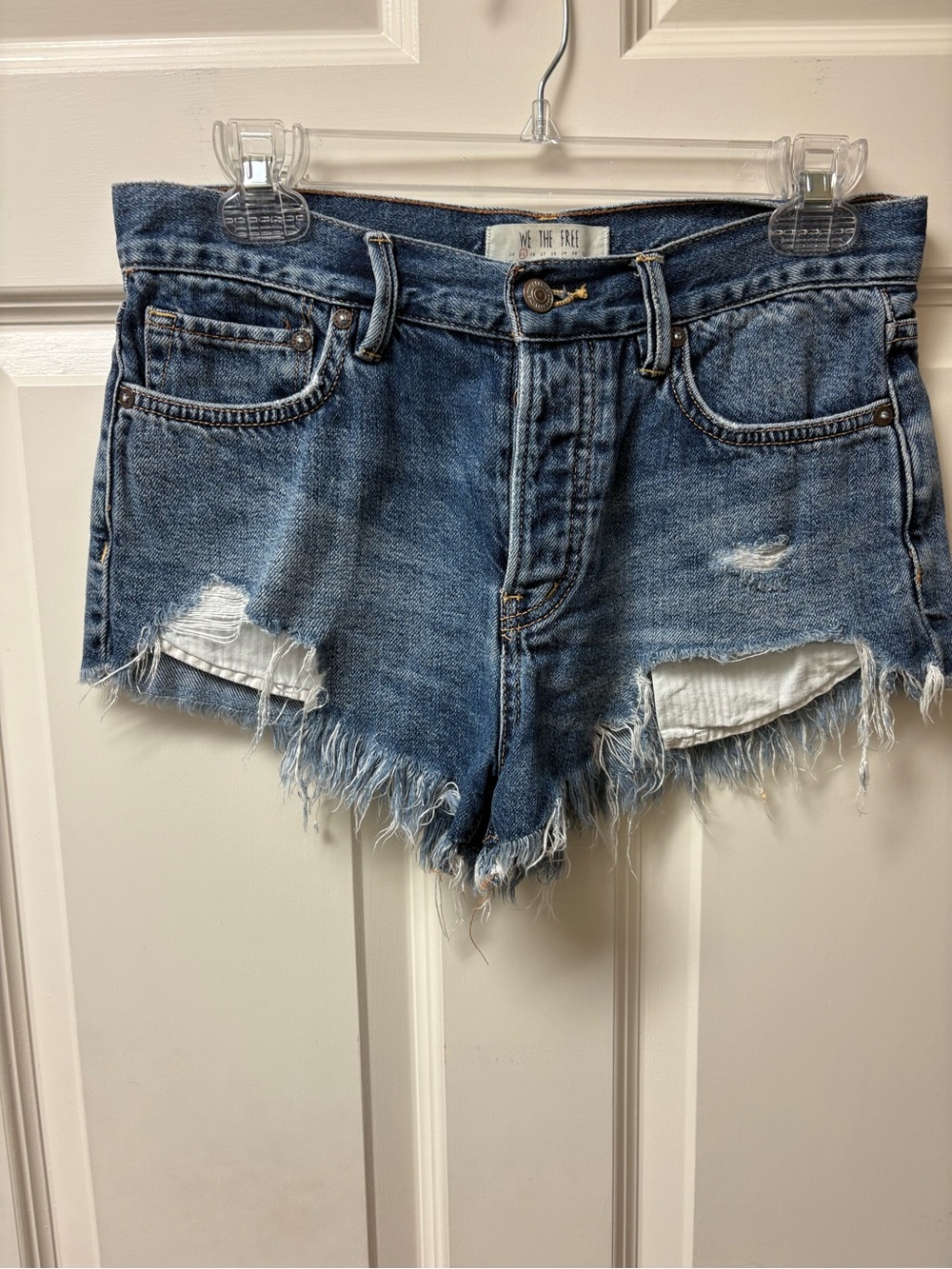 We The Free Frayed Distressed Denim Cutoff Shorts - Blue